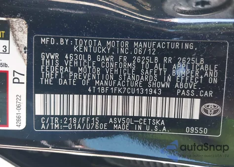 2012 Toyota Camry Se from USA, damaged, VIN 4T1BF1FK7CU131943